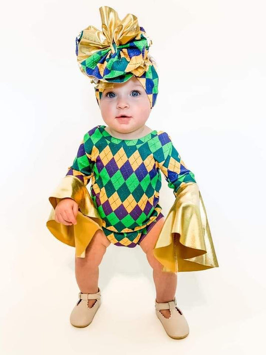 Mardi Gras bell sleeve leo