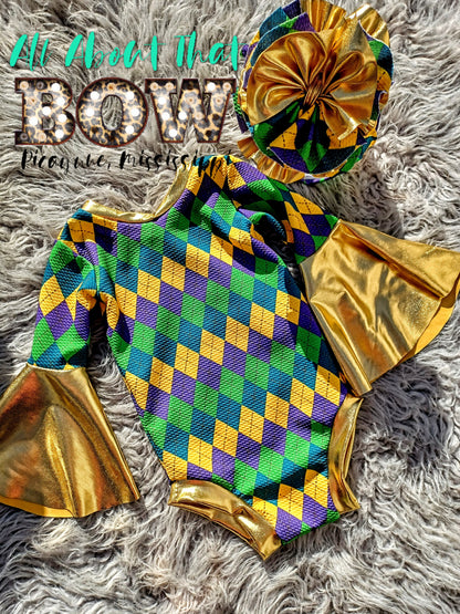 Mardi Gras bell sleeve leo